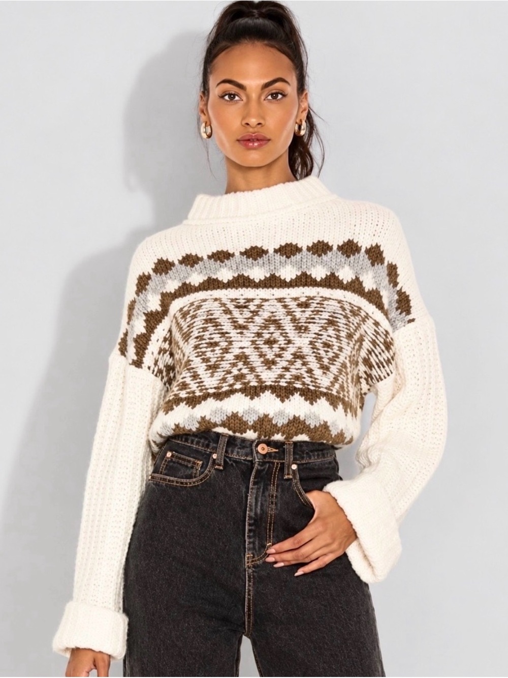 FREE PEOPLE Alpine Wool Fair Isle Cropped Mock Neck Sweater XS